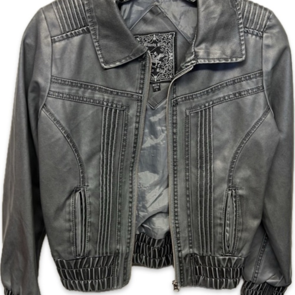 EUC [Beverly Hills Polo Club] Dark Gray Zip-Up Leather Jacket Women’s Sz Medium - Picture 2 of 12